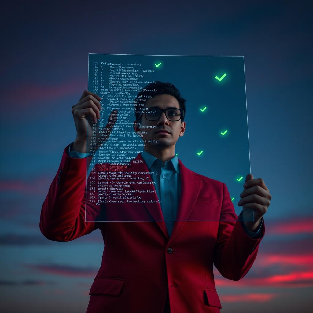 Engineer holding a transparent panel of reviewed code